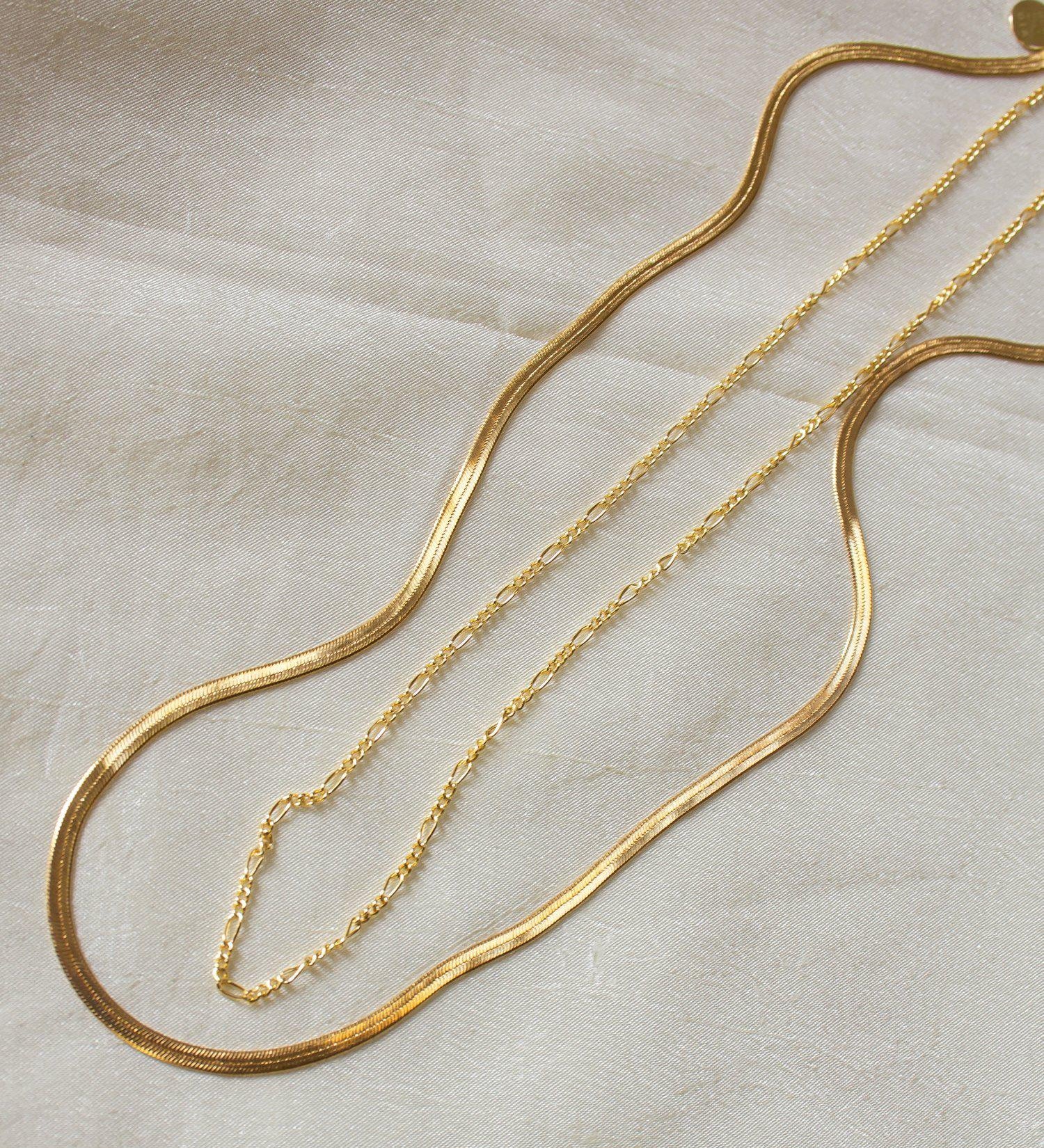 Gold Herringbone and Thin Figaro Toggle Clasp Necklace Set - Dea Dia