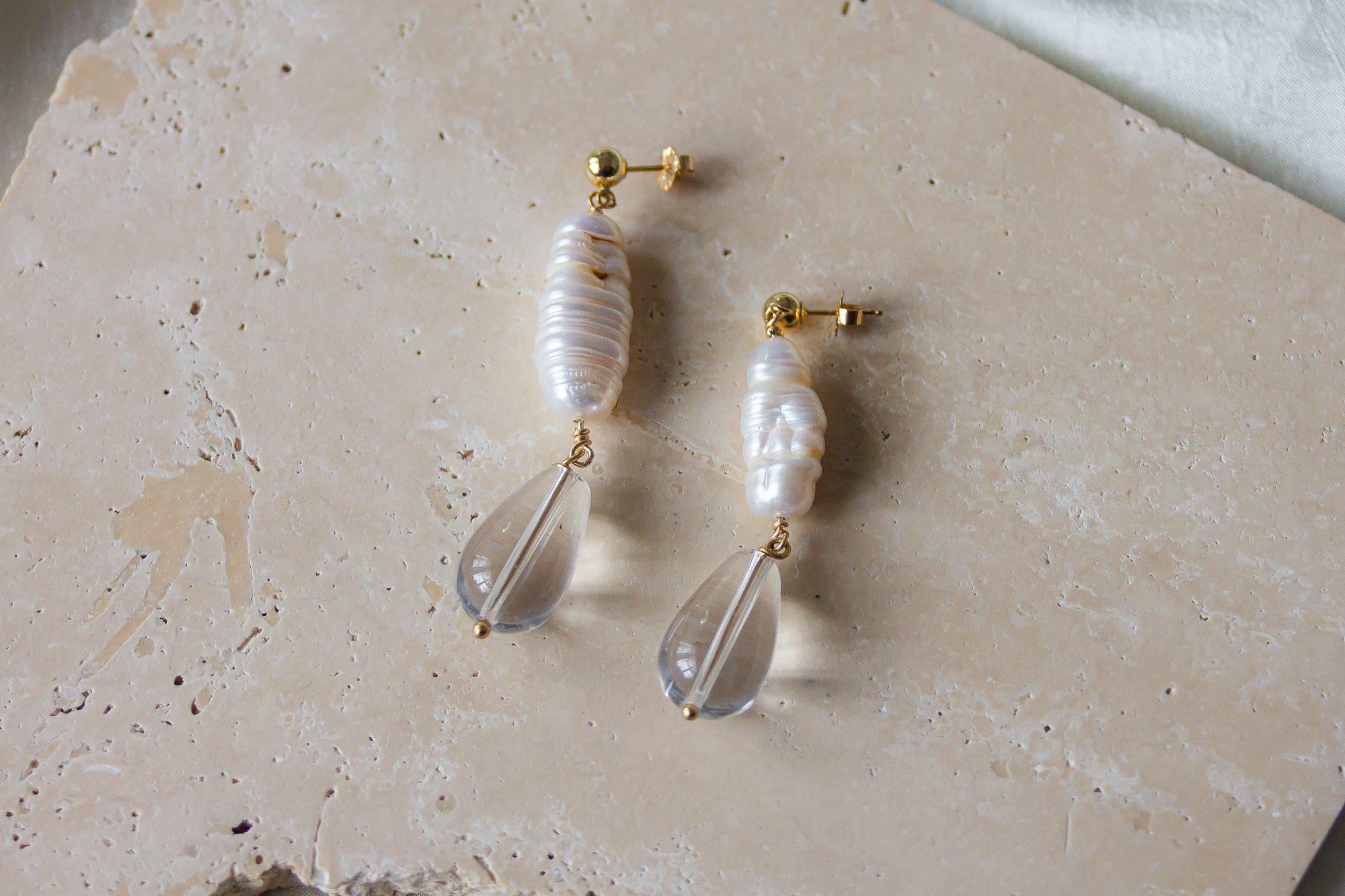 Pearl Crystal Drop Earrings - Baroque Pearl Earrings - Dea Dia