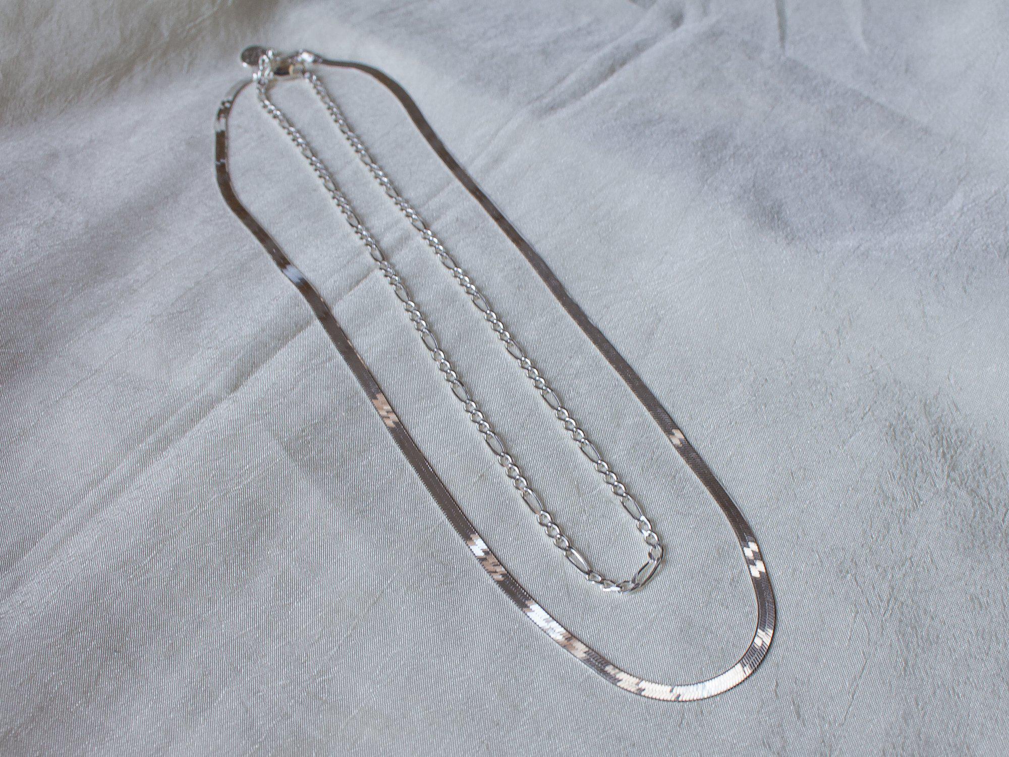Silver Herringbone and Thin Figaro Necklace Chain Set - Necklace Layering - Dea Dia