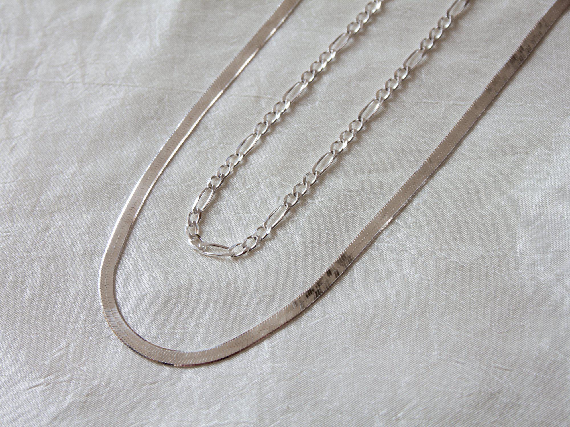 Silver Herringbone and Thin Figaro Necklace Chain Set - Layered Necklace Set -  Dea Dia