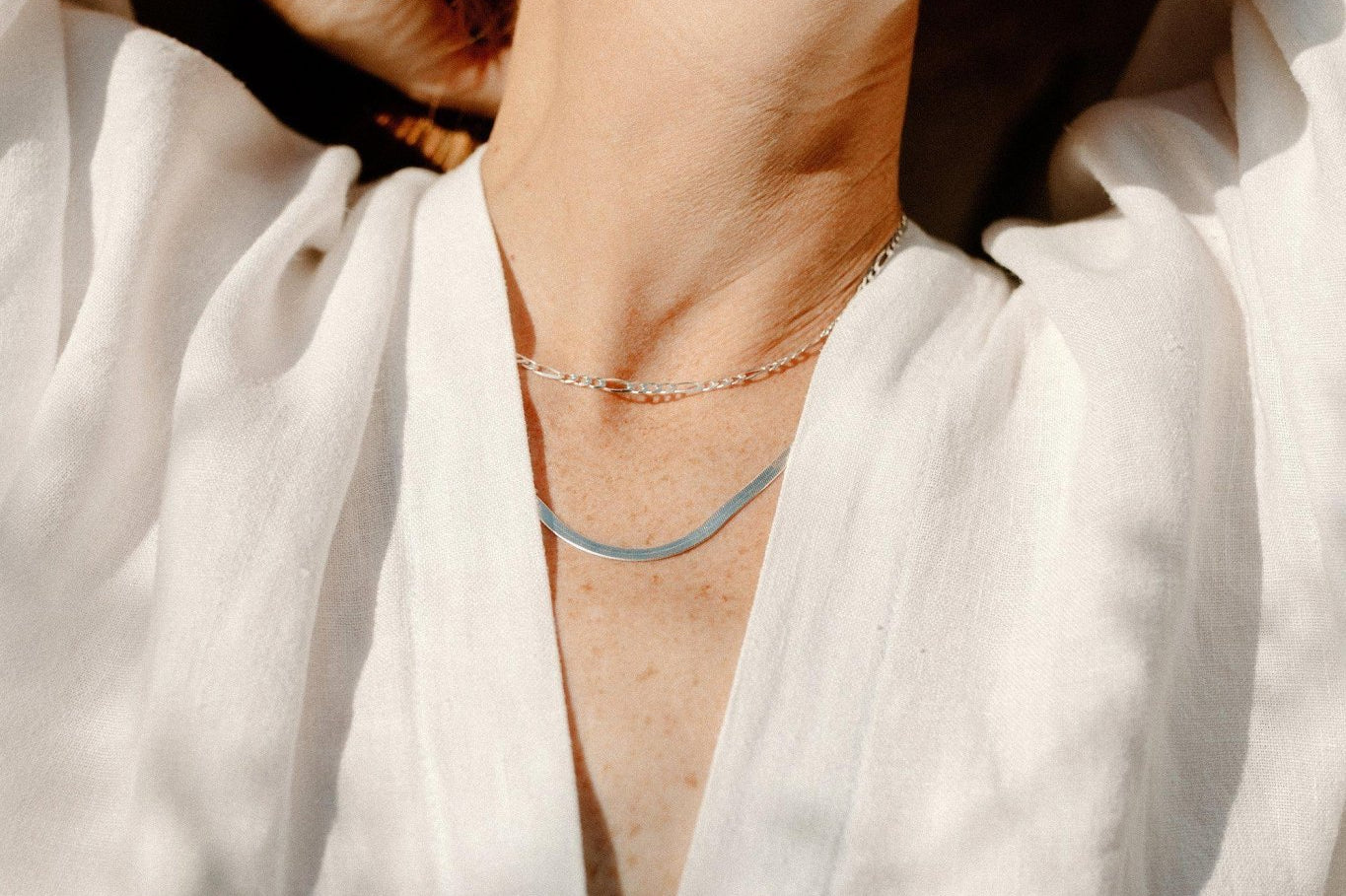 Silver Herringbone and Thin Figaro Necklace Chain Set - Silver Layered Necklace - Dea Dia